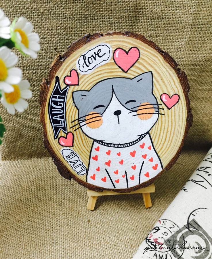 Khoanh gỗ vẽ tay mèo yêu mẫu 4